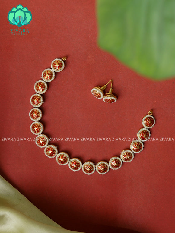 RED - Enamel flower  -Traditional south indian NORMAL MATTE neckwear with earrings- Zivara Fashion- latest jewellery design