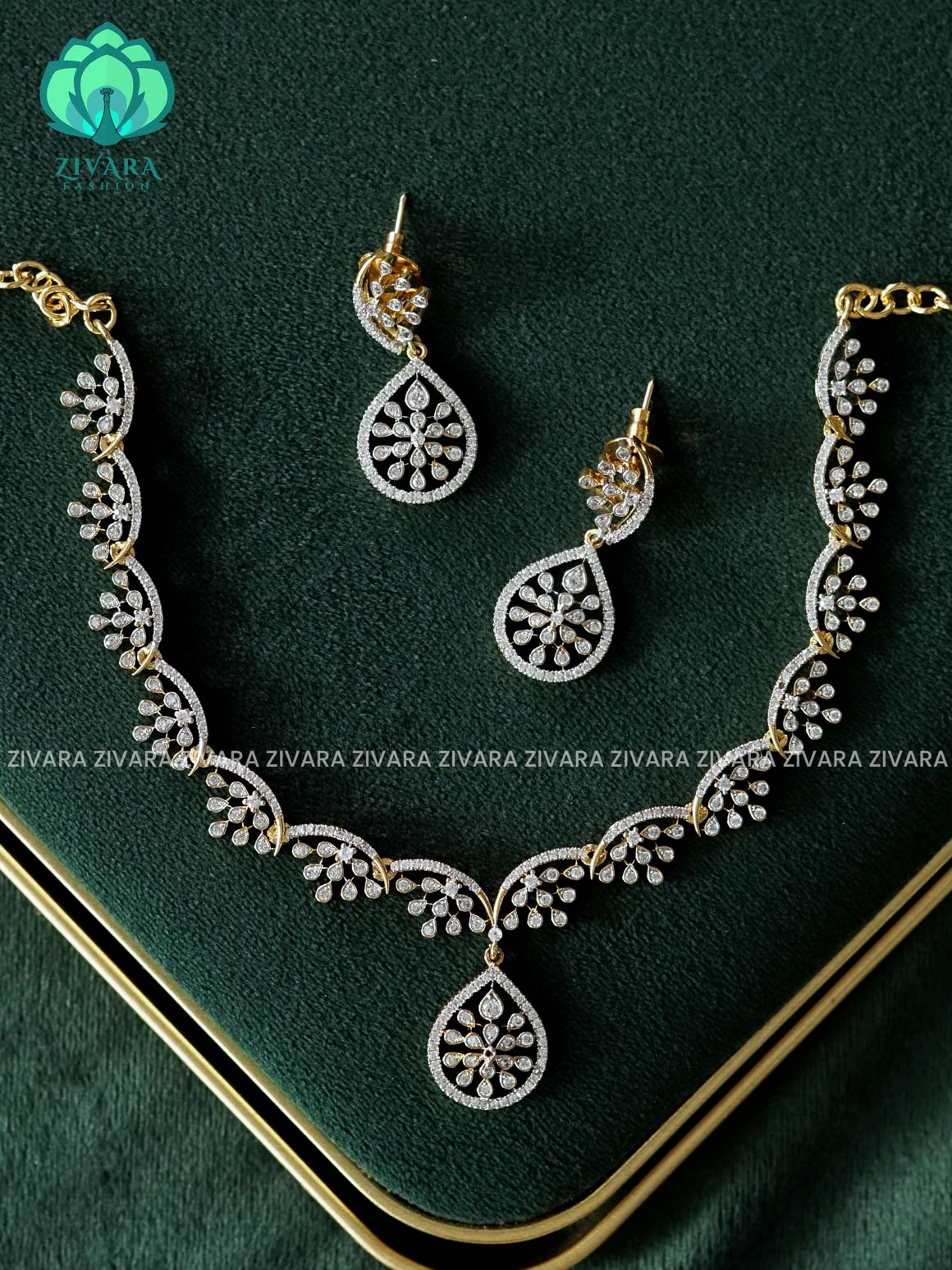 WHITE STONE TEAR  - PREMIUM rhodium polish neckwear With earrings- Zivara Fashion