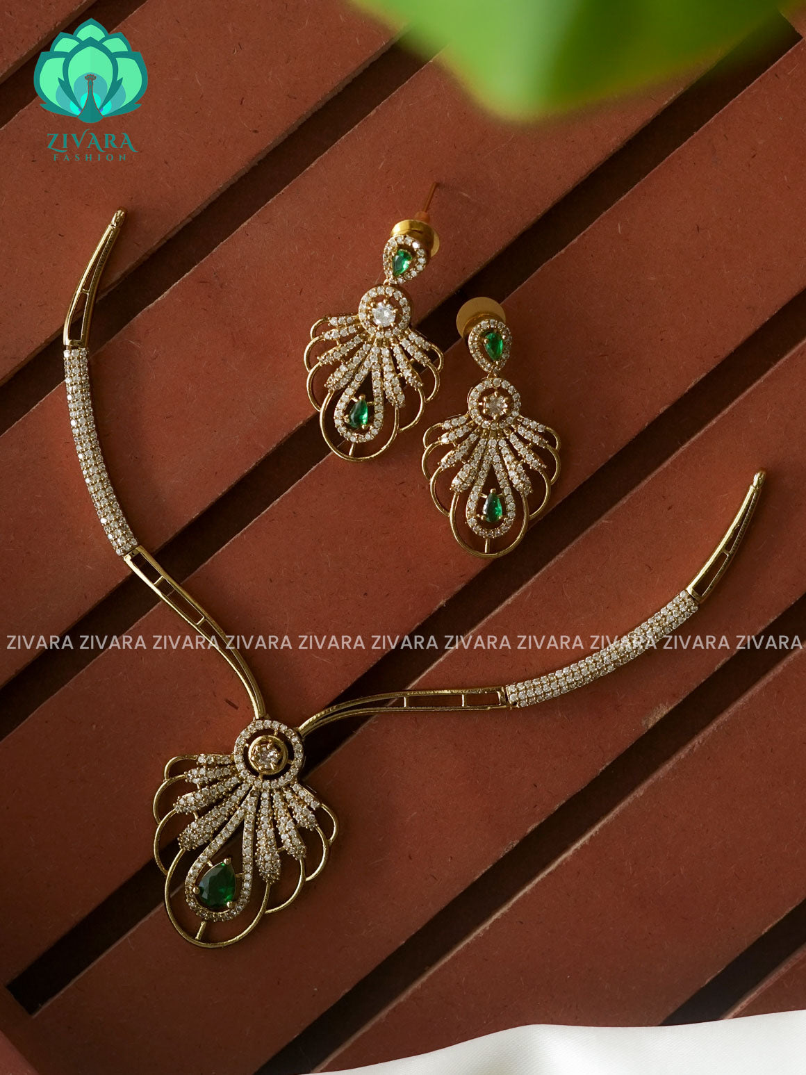 GREEN - FLORAL TEAR STONE ELEGANT HASLI  -PREMIUM SUBTLE GOLD FINISH stylish and minimal elegant neckwear with earrings- Zivara Fashion