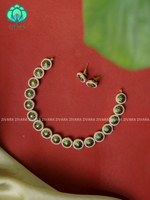 GREEN  - Enamel flower  -Traditional south indian NORMAL MATTE neckwear with earrings- Zivara Fashion- latest jewellery design