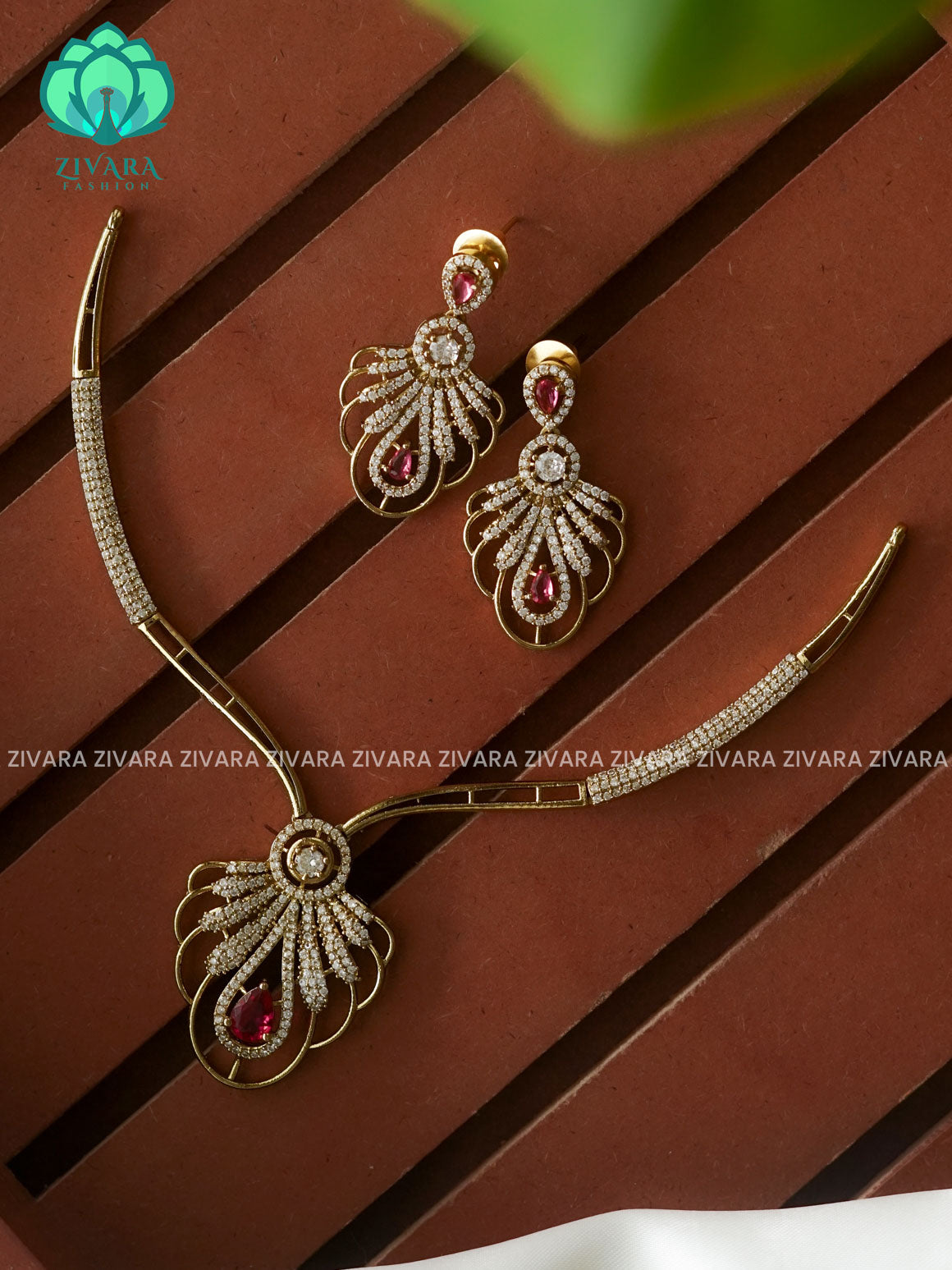 RUBY - FLORAL TEAR STONE ELEGANT HASLI  -PREMIUM SUBTLE GOLD FINISH  stylish and minimal elegant neckwear with earrings- Zivara Fashion