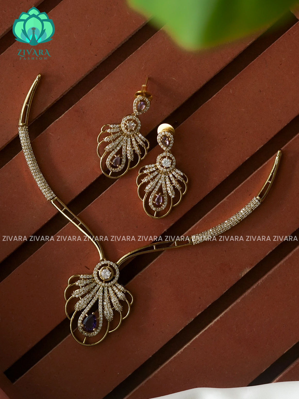 PURPLE - FLORAL TEAR STONE ELEGANT HASLI  -PREMIUM SUBTLE GOLD FINISH stylish and minimal elegant neckwear with earrings- Zivara Fashion