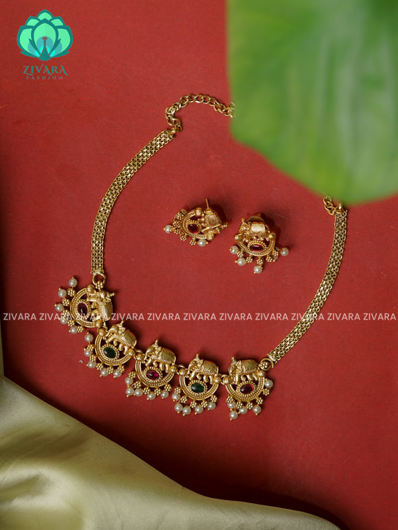 RUBY AND GREEN- ELEPHANT  normal matte choker with earrings-latest south indian jewellery