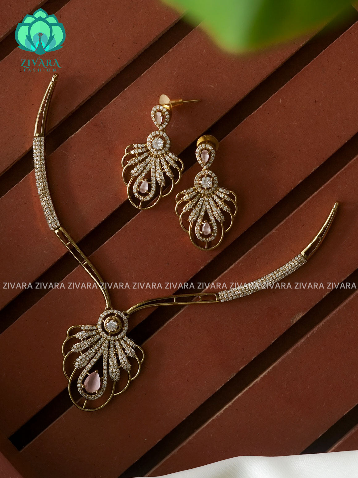 PASTEL PINK - FLORAL TEAR STONE ELEGANT HASLI  -PREMIUM SUBTLE GOLD FINISH stylish and minimal elegant neckwear with earrings- Zivara Fashion