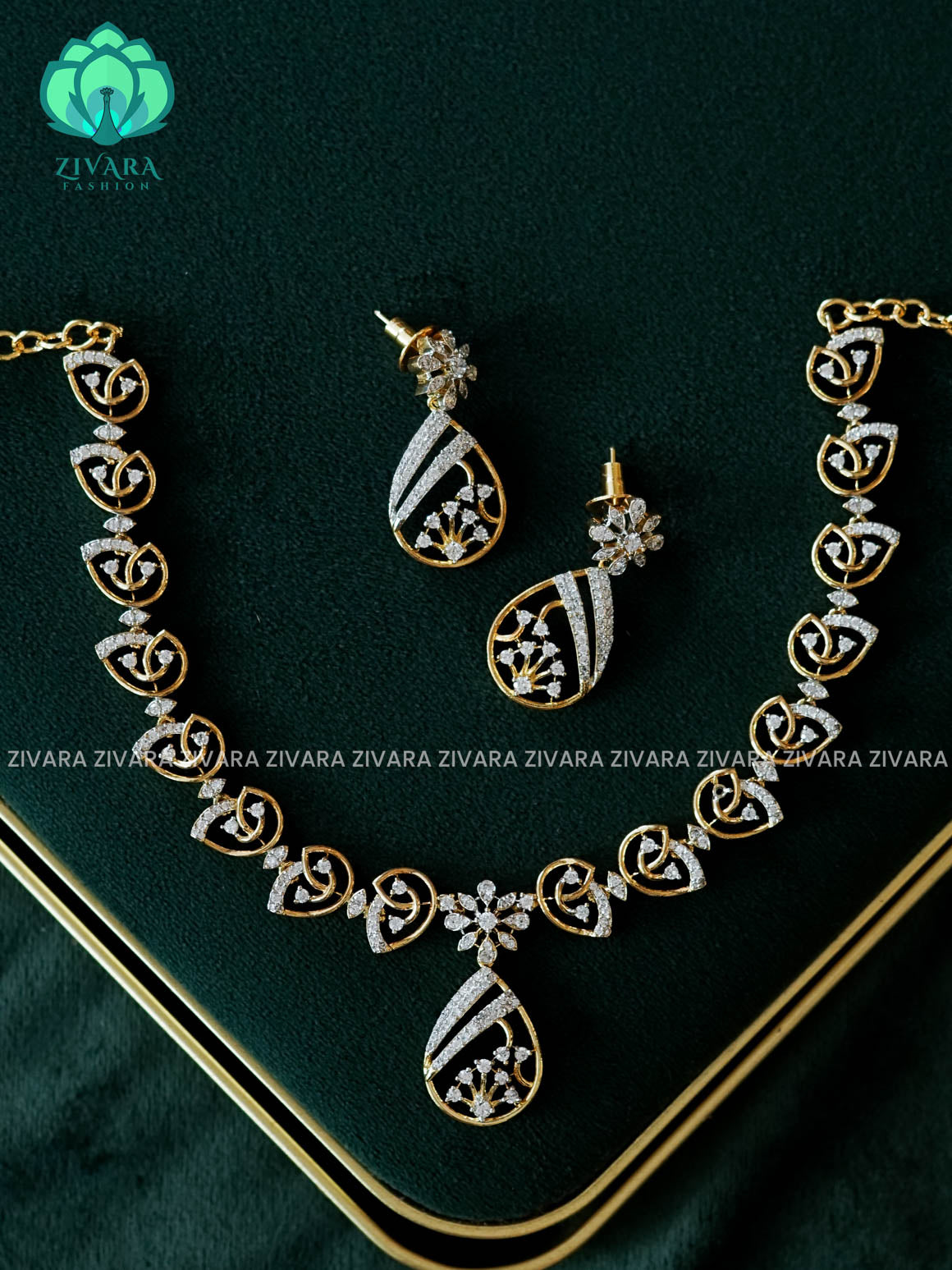 WHITE STONE TEAR FLORAL - PREMIUM rhodium polish neckwear With earrings- Zivara Fashion