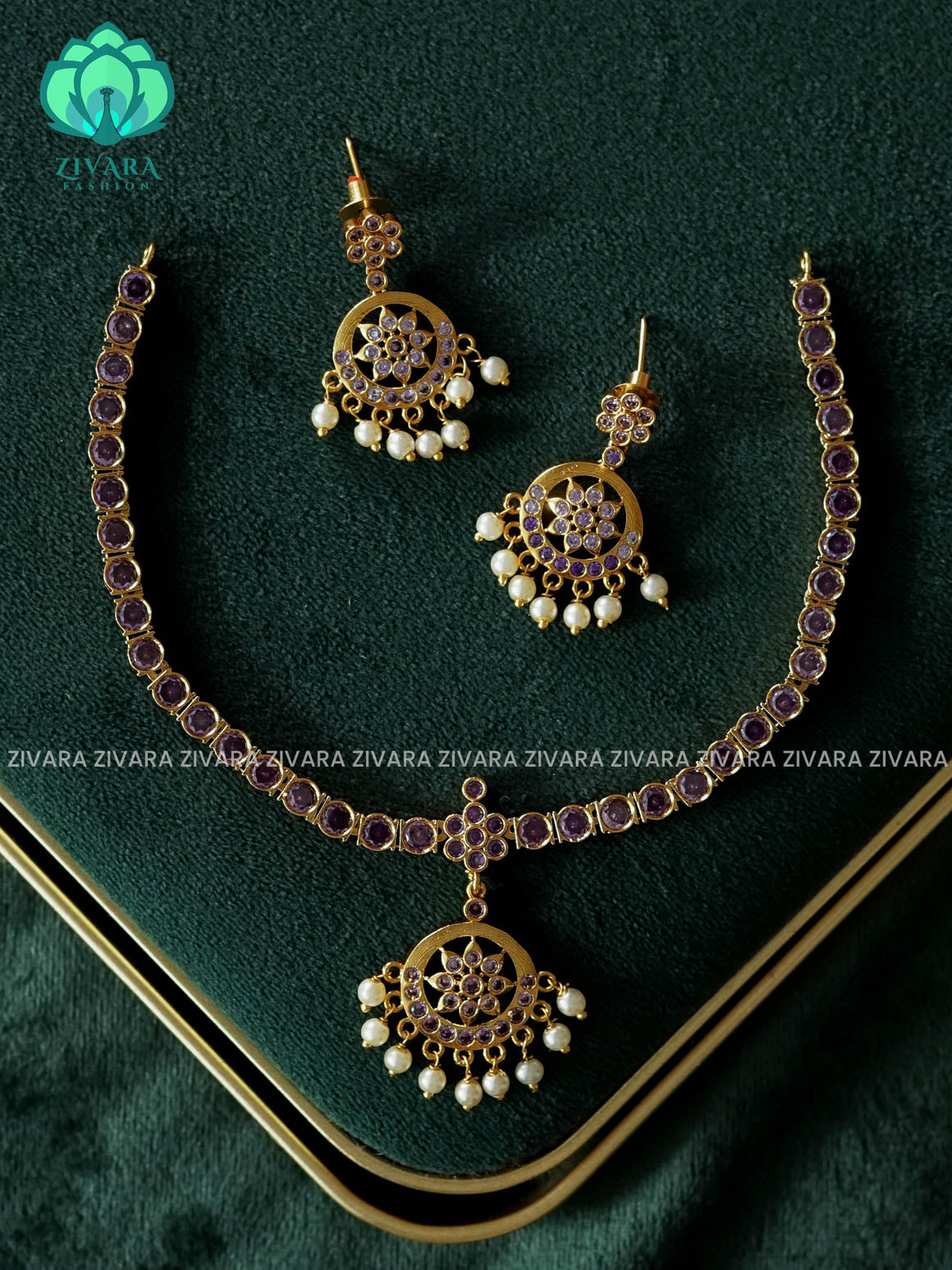 EVERGREEN MATTE FINISH PURPLE stone attigai-Traditional south indian premium neckwear with earrings- Zivara Fashion- latest jewellery design.