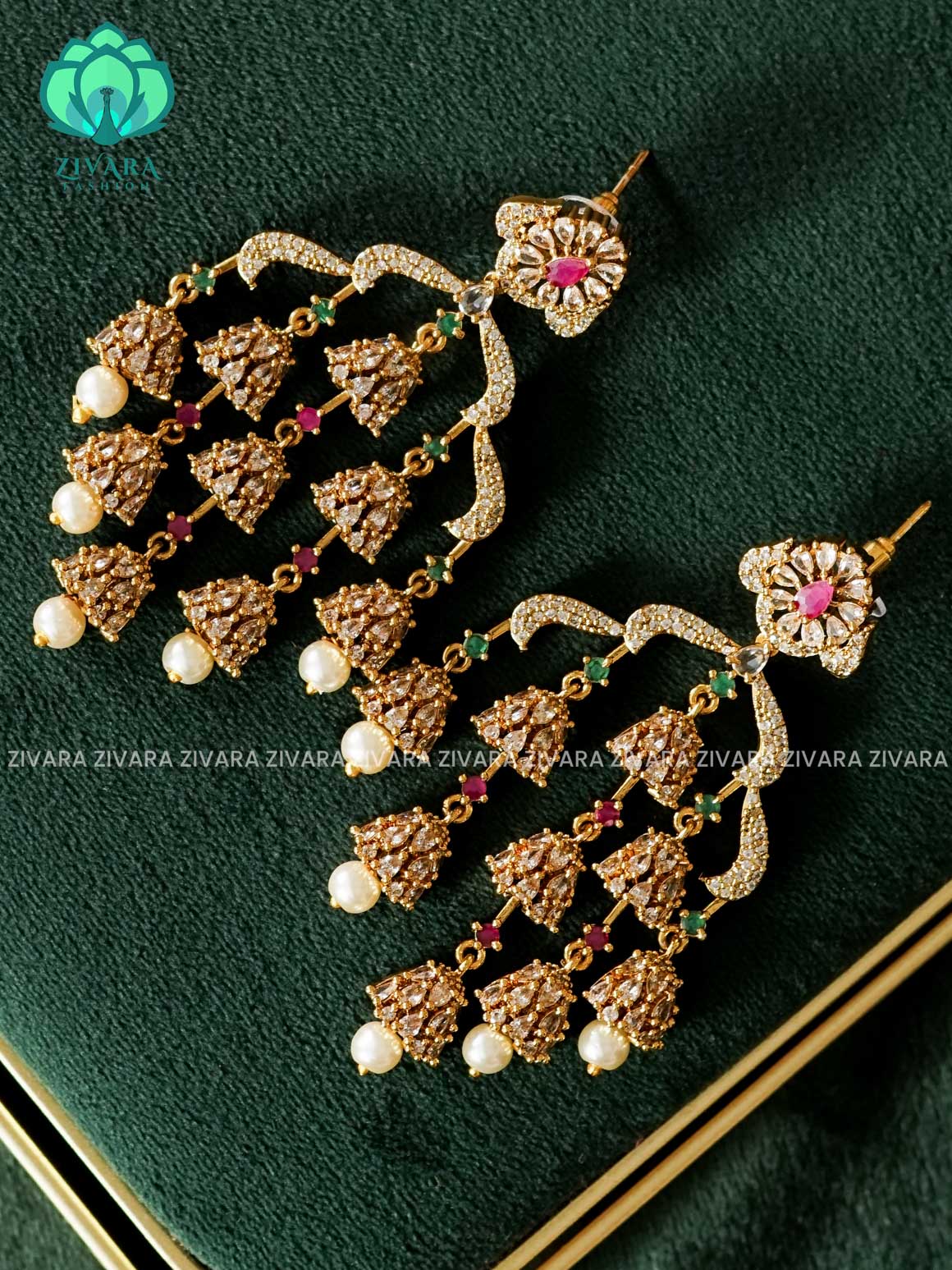 EXUBERANT FLOWER 9 CHANDELIER JHUMKA WITH GREEN BEADS HANGINGS - TRADITIONAL PREMIUM golg polish JHUMKA - zivara fashion
