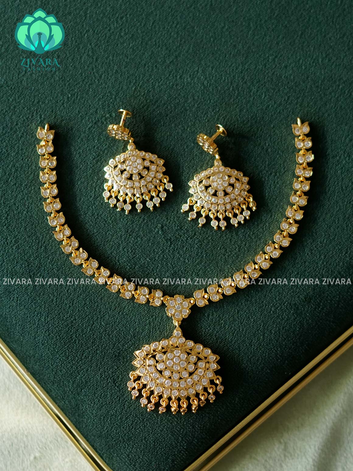 AMBIGAI-WHITE STONE MOTIF FREE MICROGOLD POLISH ATTIGAI WITH EARRING - Zivara Fashion- latest jewellery design