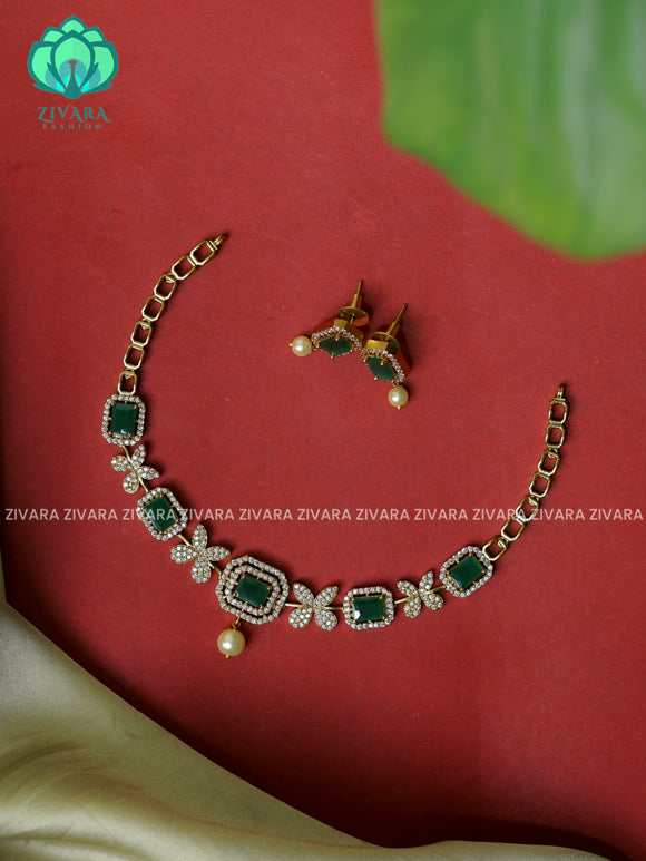 Green flower and square  -Traditional south indian premium neckwear with earrings- Zivara Fashion- latest jewellery design.