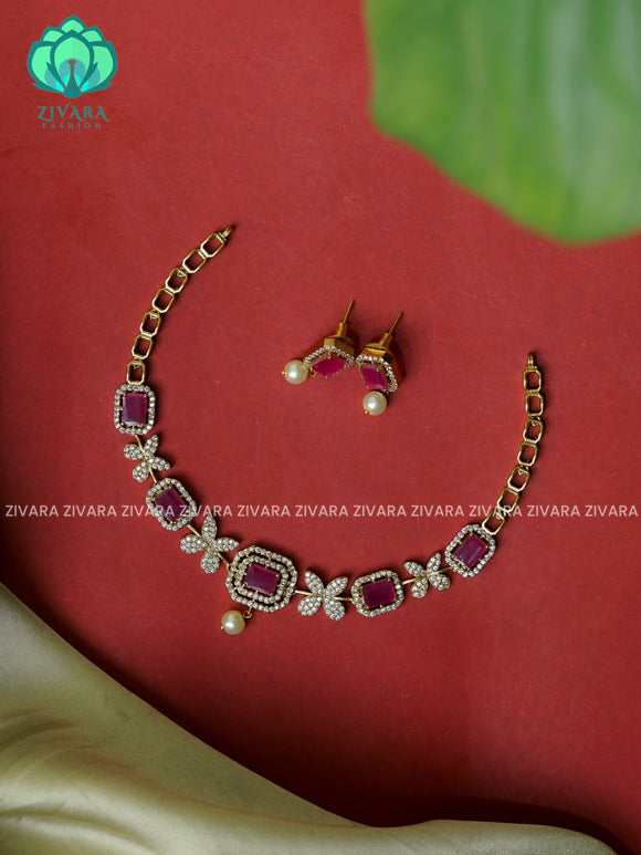 Ruby flower and square  -Traditional south indian premium neckwear with earrings- Zivara Fashion- latest jewellery design.