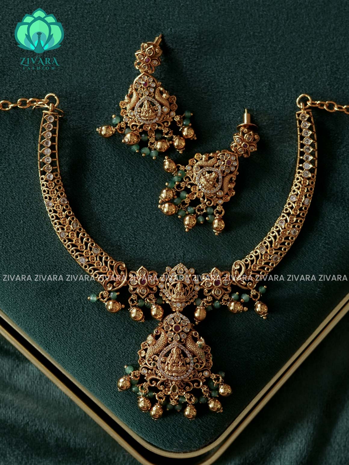 AKSHAYAM - TEMPLE BRIDAL SIMPLE HASLI neckwear with green beads hangings with earrings- Zivara Fashion