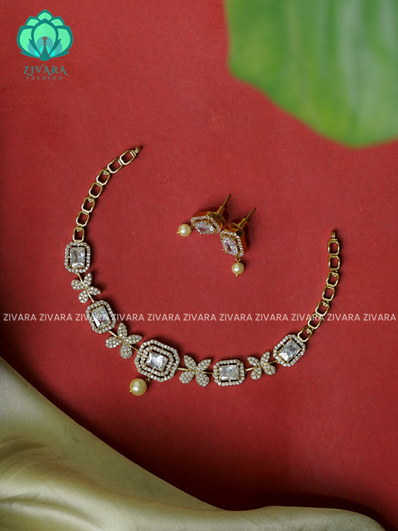 White flower and square  -Traditional south indian premium neckwear with earrings- Zivara Fashion- latest jewellery design