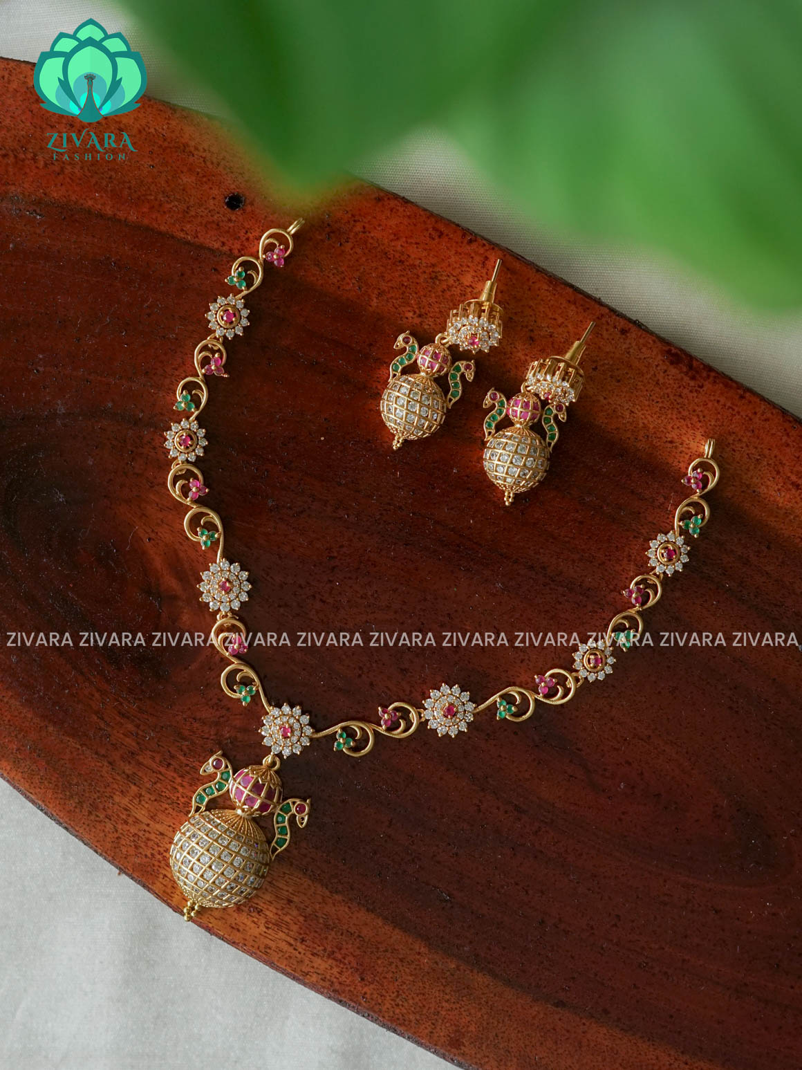 KUMBAM PENDNAT WITH FLORAL STONES NECKWEAR  -Traditional south indian premium neckwear with earrings- Zivara Fashion- latest jewellery design.