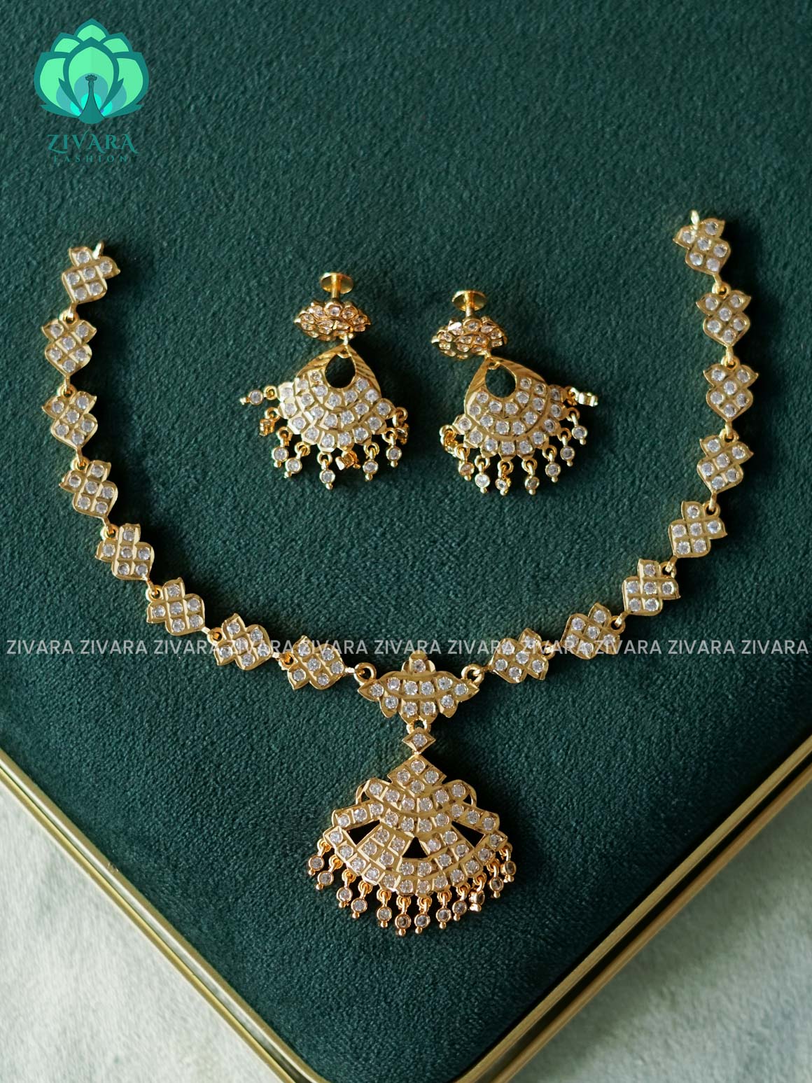 AMBIGAI-WHITE STONE MOTIF FREE MICROGOLD POLISH ATTIGAI WITH EARRING - Zivara Fashion- latest jewellery design