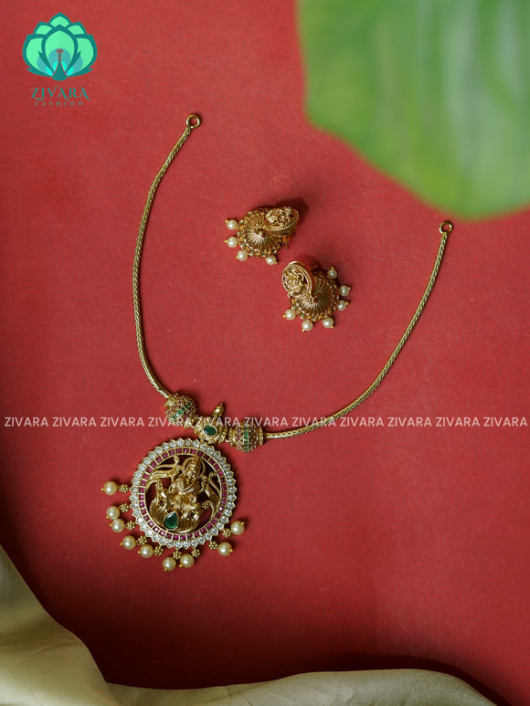 FLEXIBLE CHIAN TEMPLE PENDANT- Traditional south indian premium neckwear with earrings- Zivara Fashion- latest jewellery design.