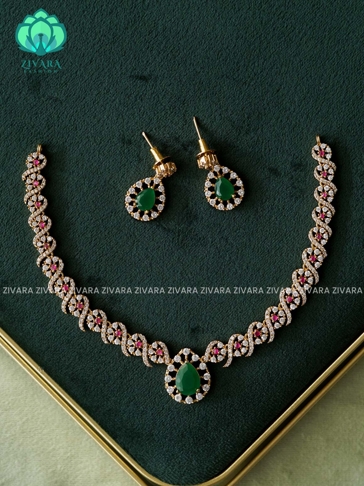 Kanya - RUBY GREEN WHITE  DIAMOND REPLICA HASLI - SUBTLE POLISH stylish and minimal elegant neckwear with earrings- Zivara Fashion