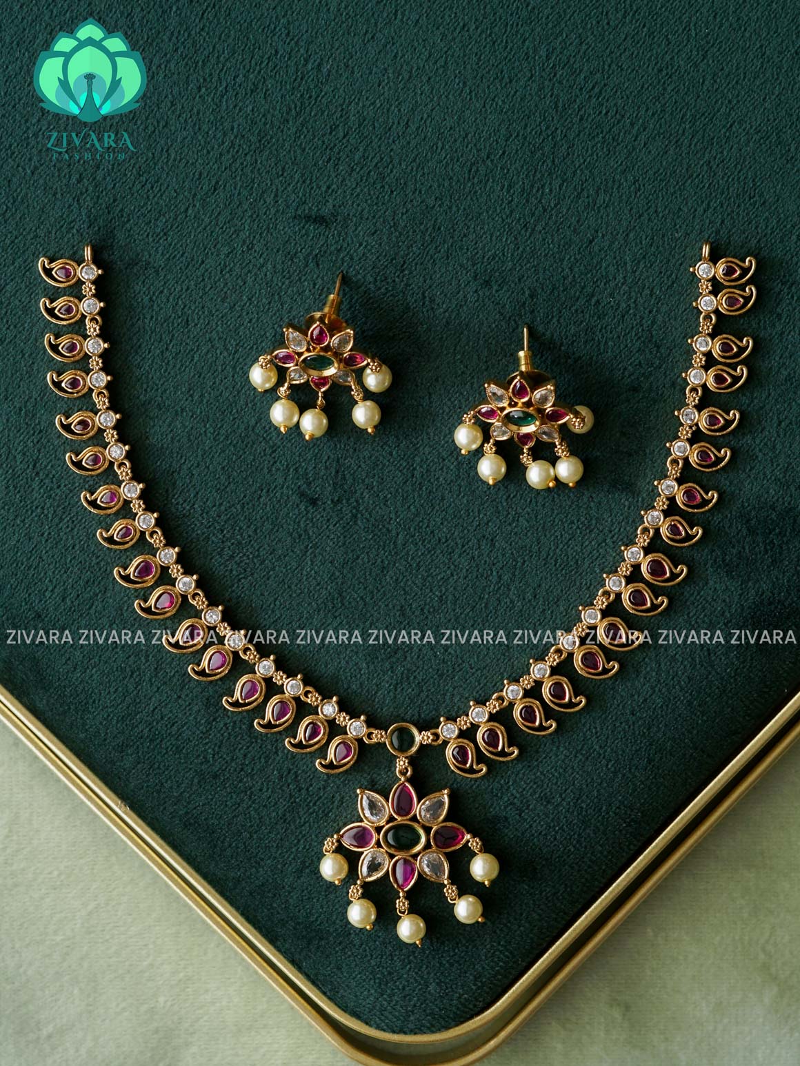 REAL KEMP FLORAL  -Traditional south indian premium neckwear with earrings- Zivara Fashion- latest jewellery design