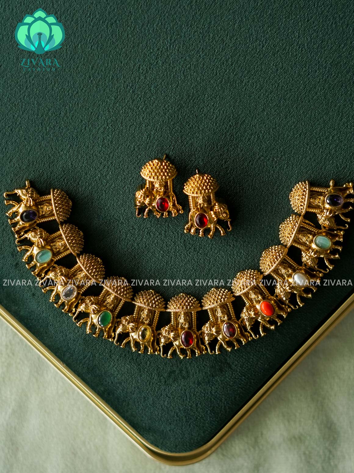 Navaratna Elephant Temple-Traditional south indian premium neckwear with earrings- Zivara Fashion- latest jewellery design