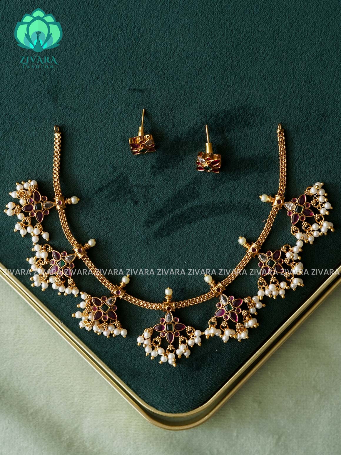 RUBY GREEN AND WITH REAL KEMP STONE -Traditional south indian premium neckwear with earrings- Zivara Fashion- latest jewellery design