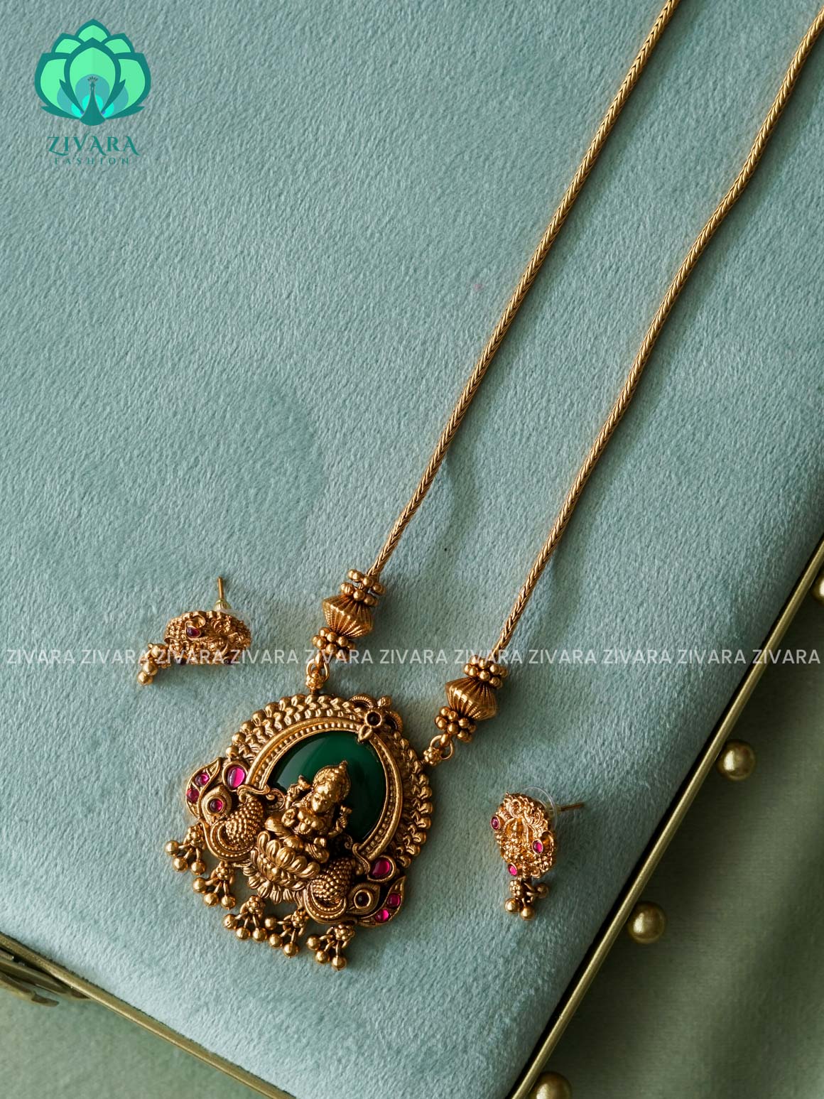 TEMPLE PENDANT WITH CHAIN - Traditional south indian NORMAL MATTE neckwear with earrings - Zivara Fashion