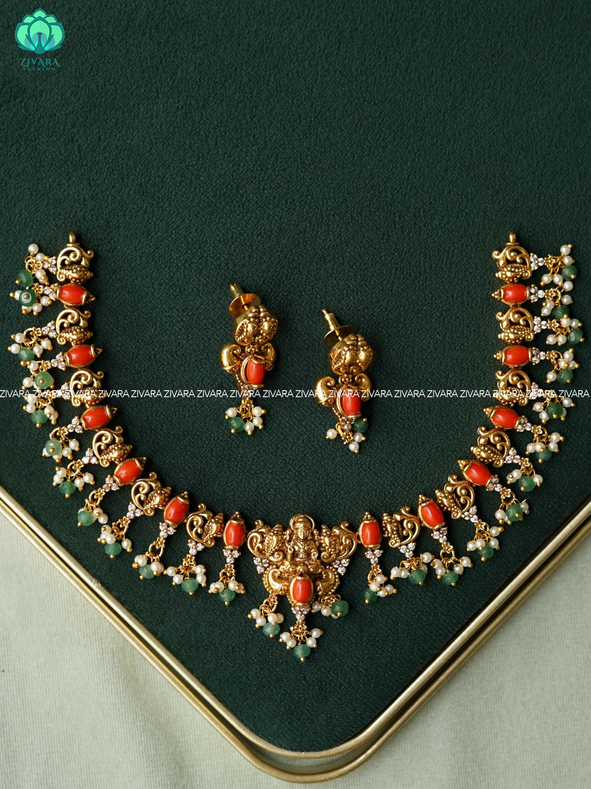 PAVALAMALLI TEMPLE NECKWEAR WITH beads hangings  - Traditional neckwear with premium matte finish with earrings- Zivara Fashion
