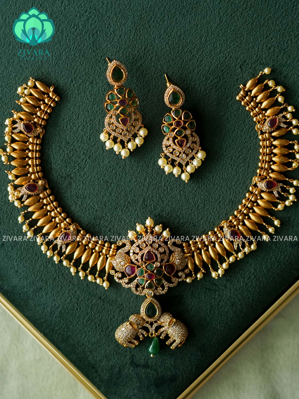 ELEPHANT REAL KEMP NECK WEAR WITH EARRINGS   - Premium quality CZ Matte collection-south indian jewellery