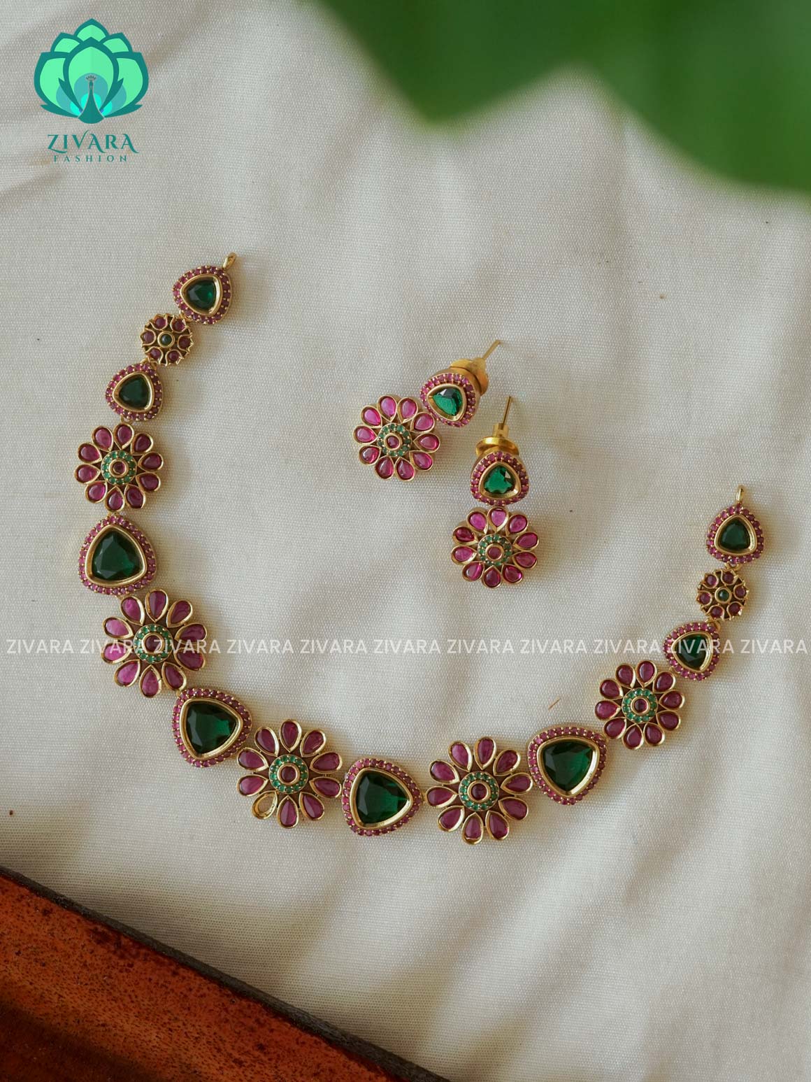 RUBY AND green -Flower and triangle - stylish and minimal elegant neckwear with earrings- Zivara Fashion