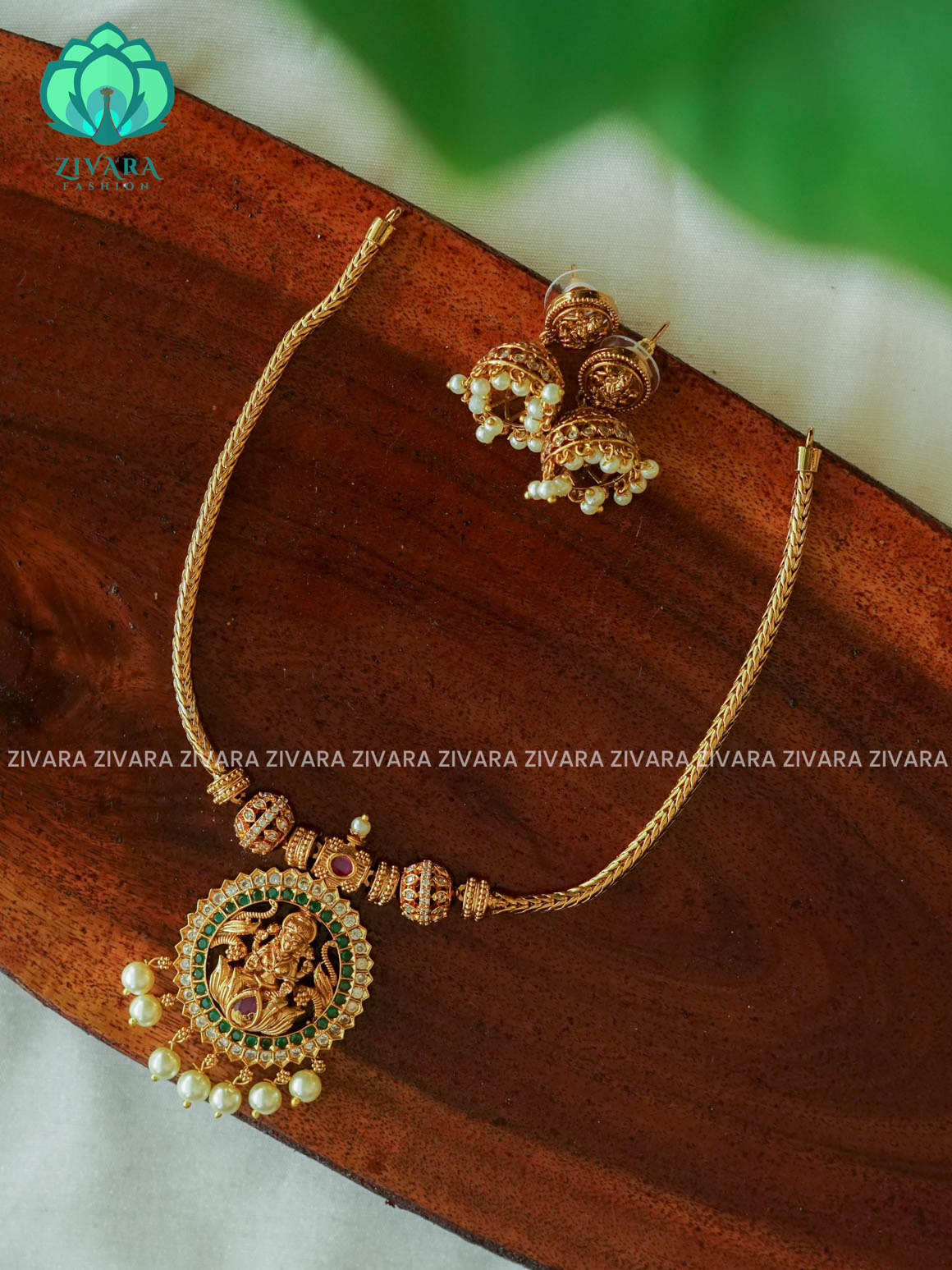 FLEXIBLE CHIAN TEMPLE PENDANT- Traditional south indian premium neckwear with earrings- Zivara Fashion- latest jewellery design