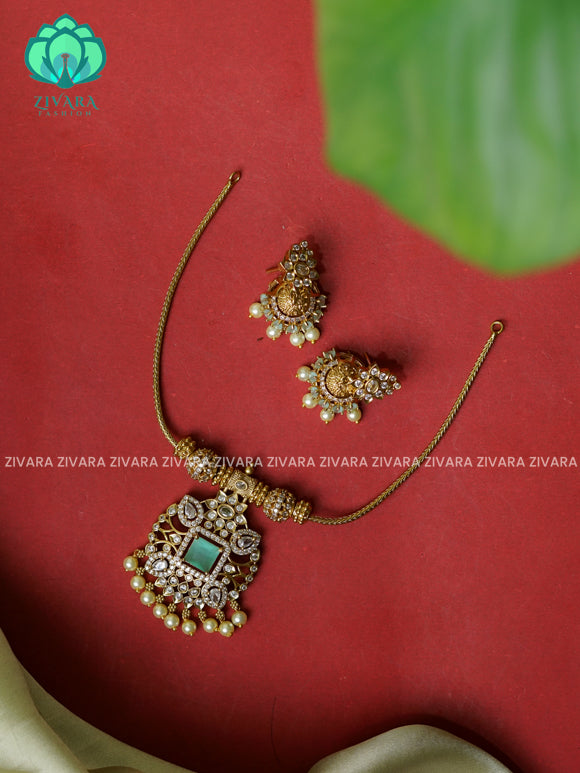 PASTEL GREEN stone pendant-Flexible chain - Traditional south indian premium neckwear with earrings- Zivara Fashion- latest jewellery design