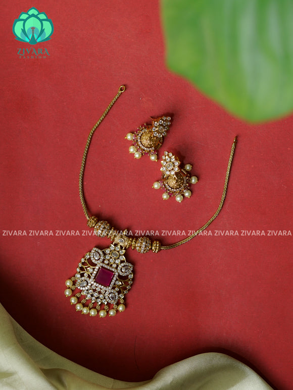 RUBY stone pendant-Flexible chain - Traditional south indian premium neckwear with earrings- Zivara Fashion- latest jewellery design