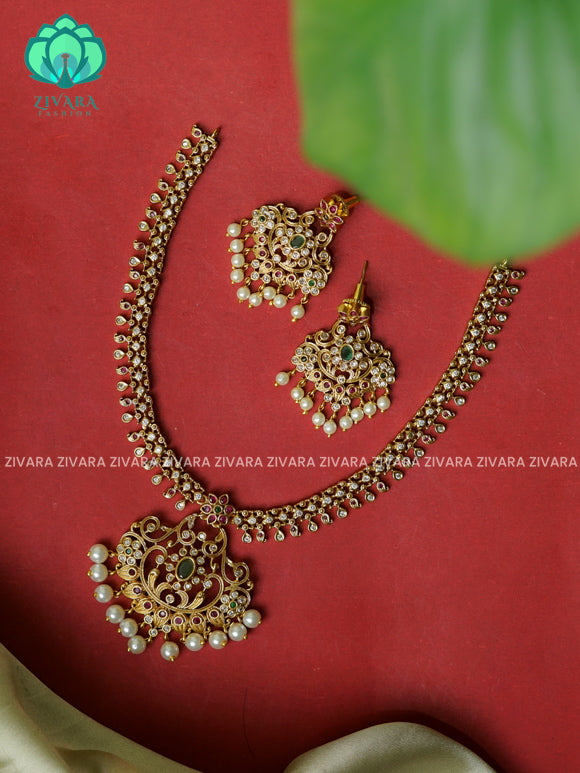 SIMPLE FLORAL PENDANT  -Traditional south indian premium neckwear with earrings- Zivara Fashion- latest jewellery design.