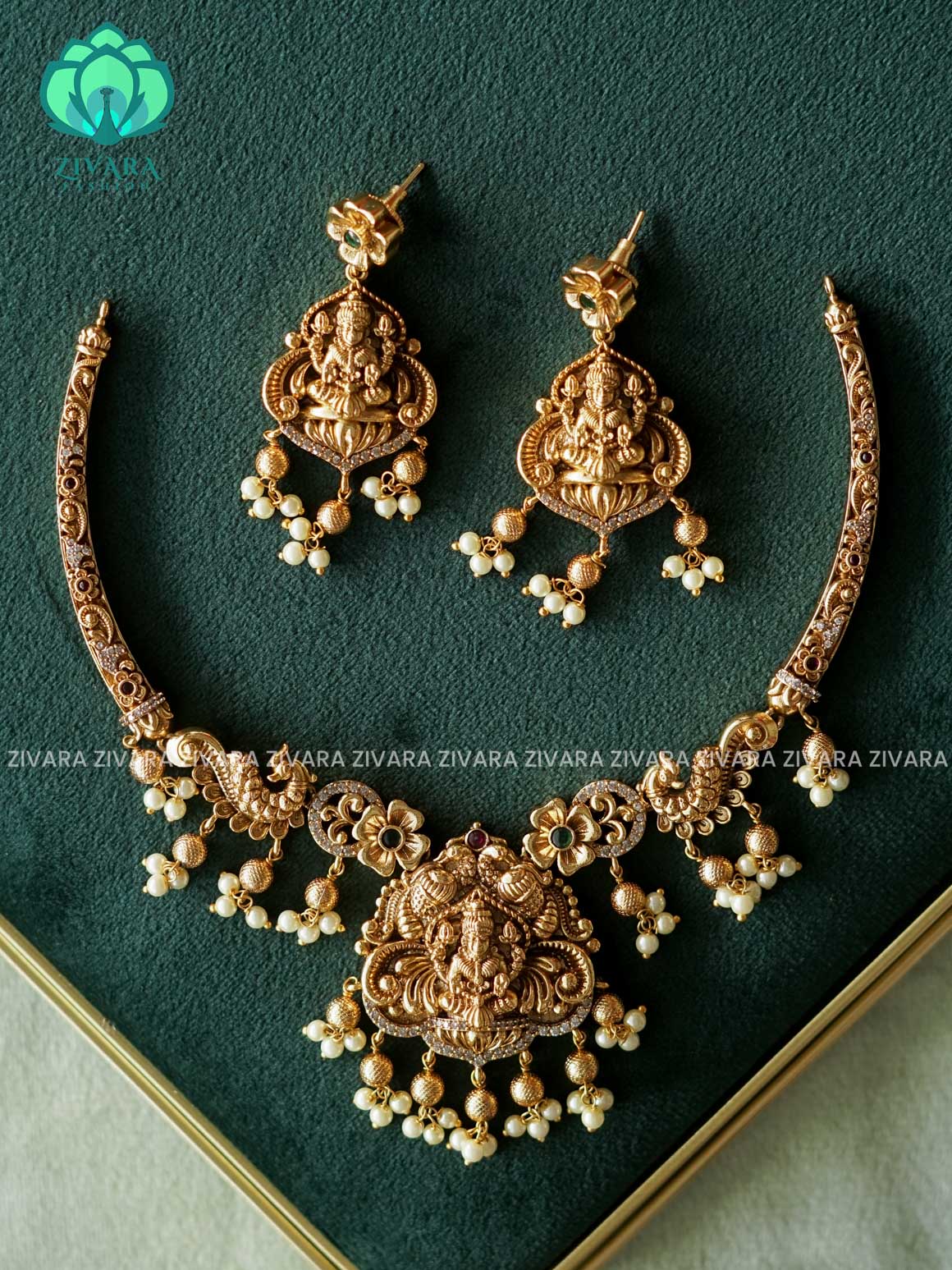 AKSHAYAM - TEMPLE BRIDAL HASLI  NECK WEAR WITh EARRINGS   - Premium quality CZ Matte collection-south indian jewellery