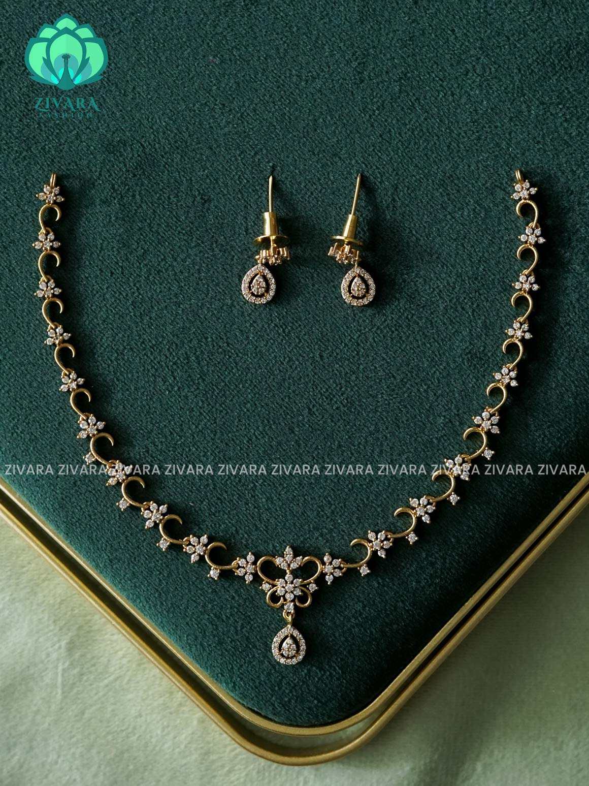 Kanya - WHITE STONE DIAMOND REPLICA - SUBTLE POLISH stylish and minimal elegant neckwear with earrings- Zivara Fashion