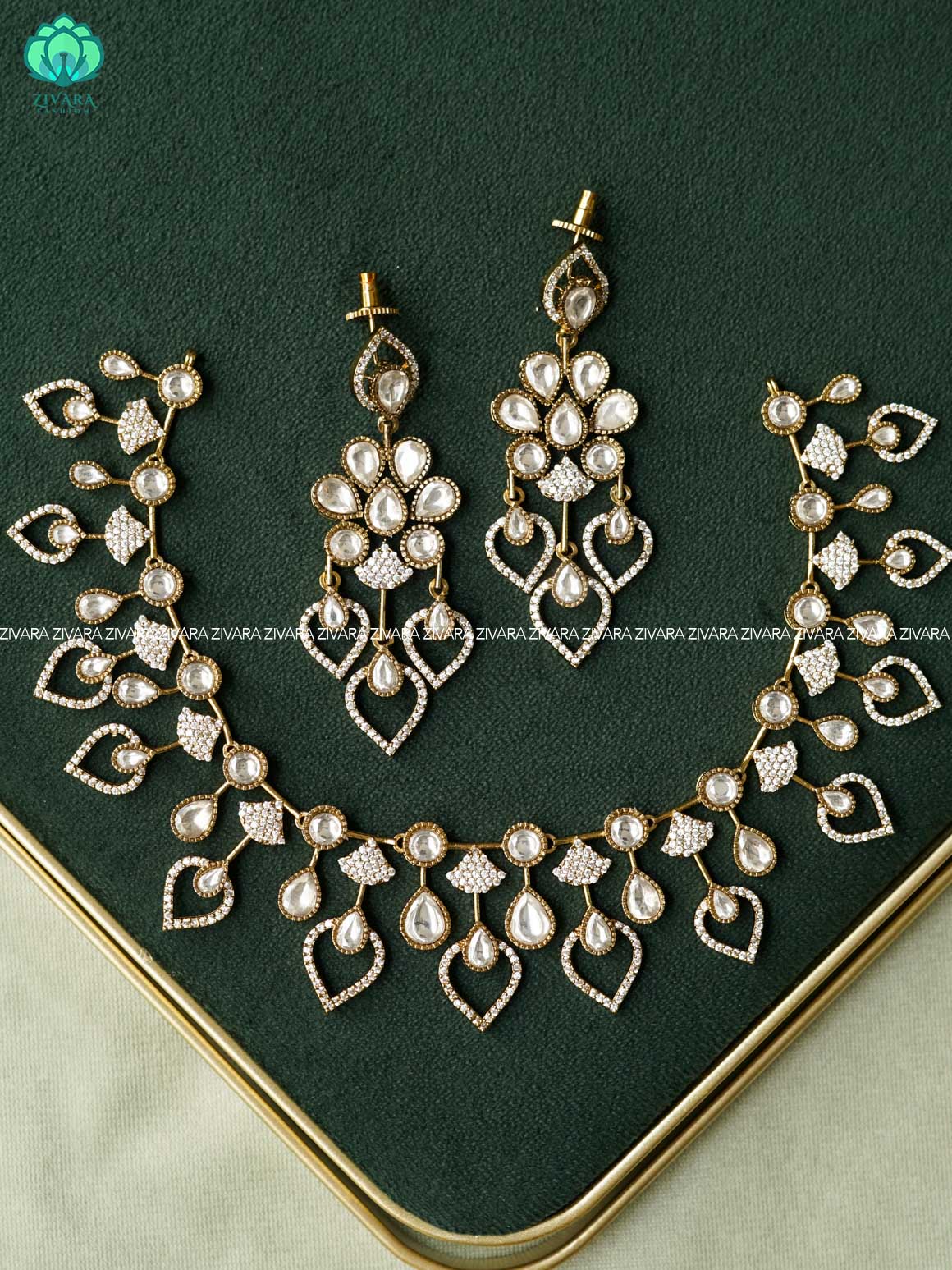 POLKI WHITE STONE  FLORAL MOTIF - stylish and minimal elegant neckwear with earrings- Zivara Fashion