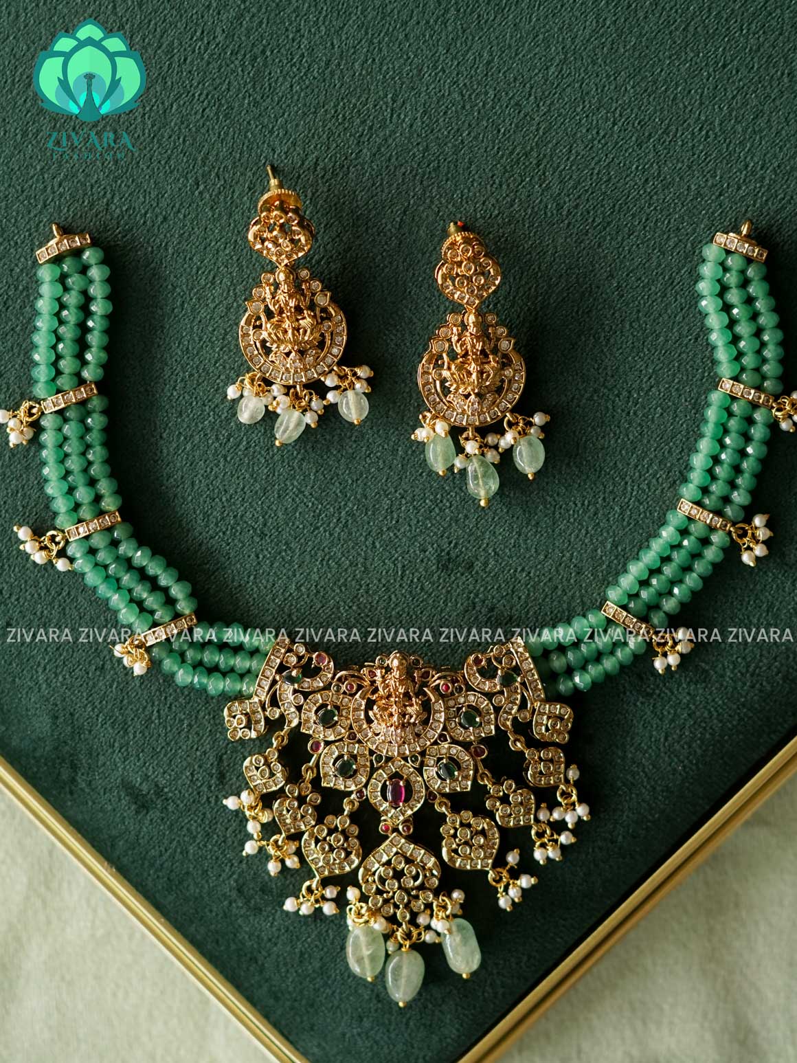 GREEN  BEADS TEMPLE  NECK WEAR WITH EARRINGS   - Premium quality CZ Matte collection-south indian jewellerY
