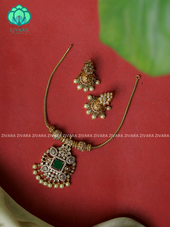 GREEN stone pendant-Flexible chain - Traditional south indian premium neckwear with earrings- Zivara Fashion- latest jewellery design