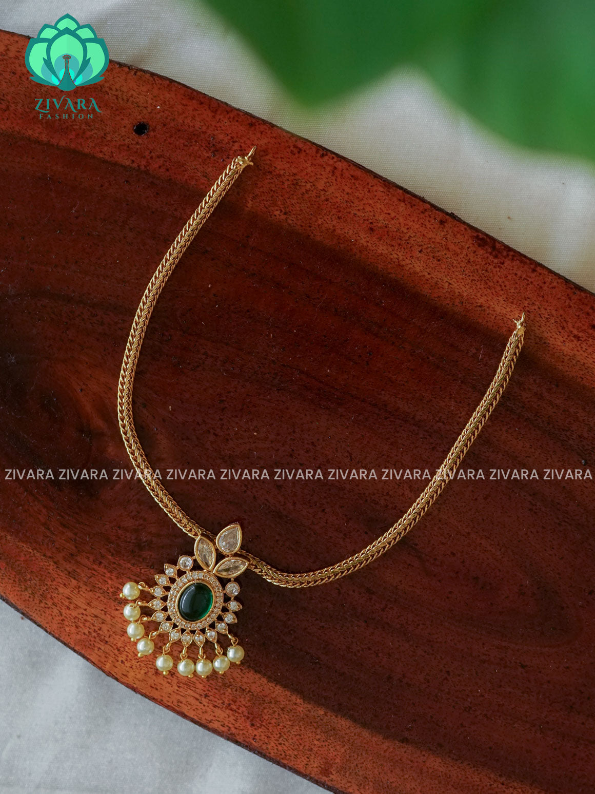 GREEN- KIDS FRIENDLY OVAL PENDANT WITH FLEXIBLE CHAIN   -  Traditional south indian premium neckwear - Zivara Fashion- latest jewellery design