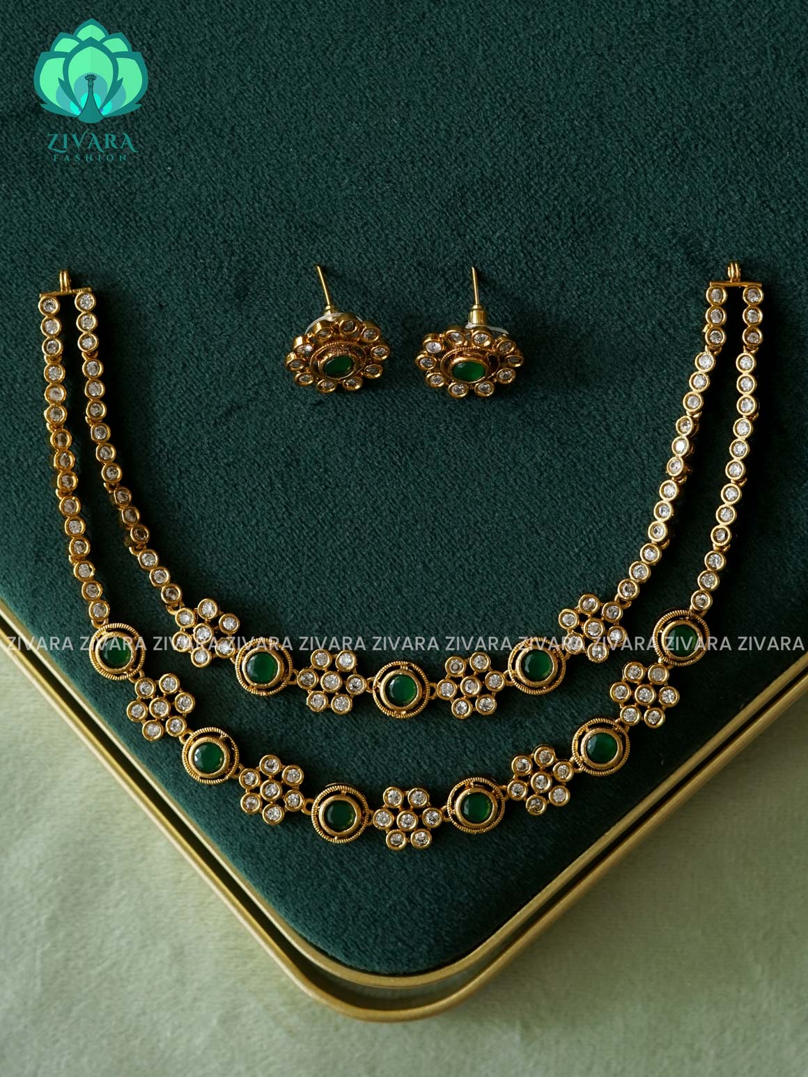 GREEN AND WHITE STONE STEP - stylish and minimal elegant neckwear with earrings- Zivara Fashion