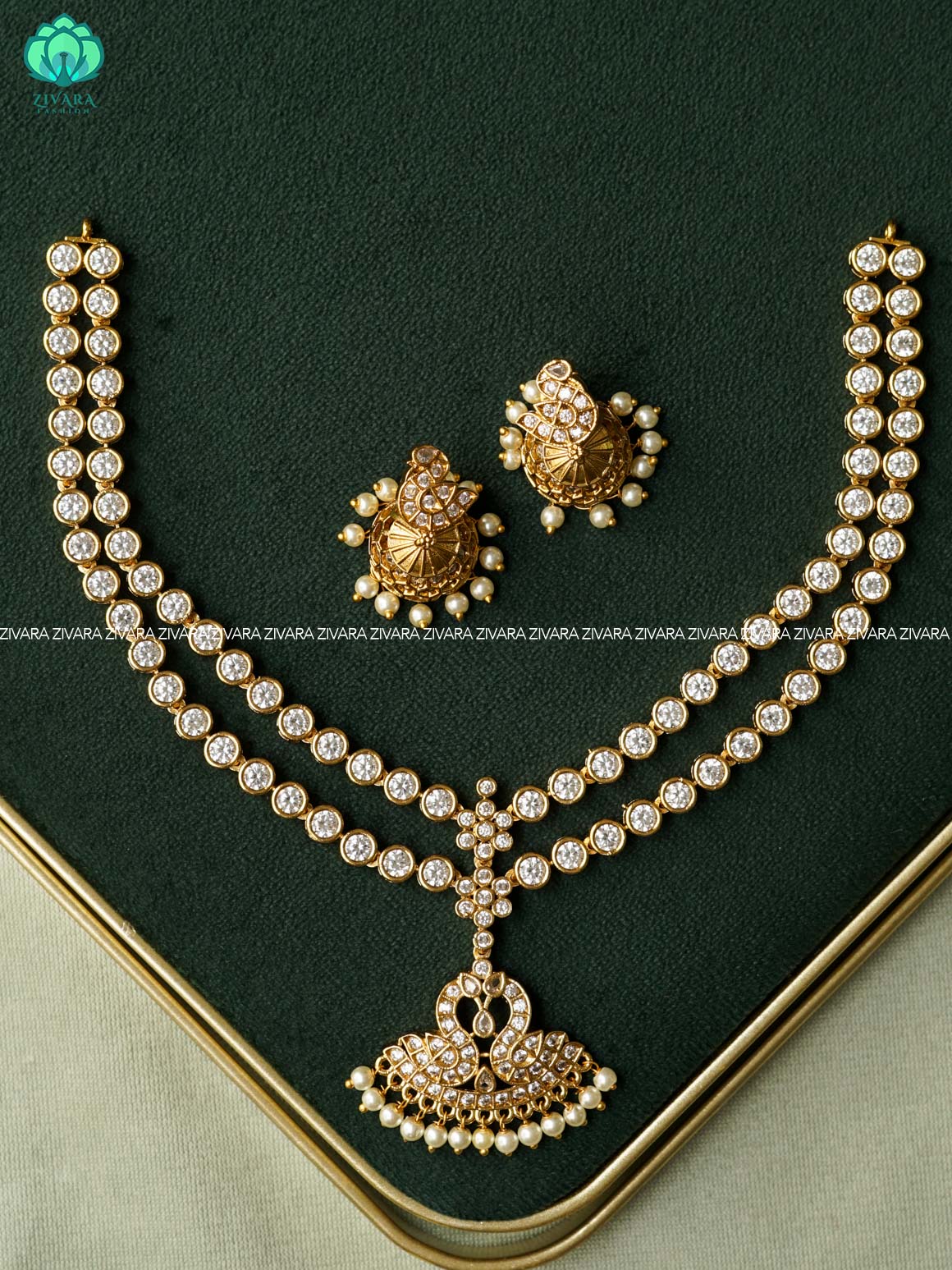 EVERGREEN STEP MATTE FINISH WHITE STONE PEACOCK attigai-Traditional south indian premium neckwear with earrings- Zivara Fashion- latest jewellery design