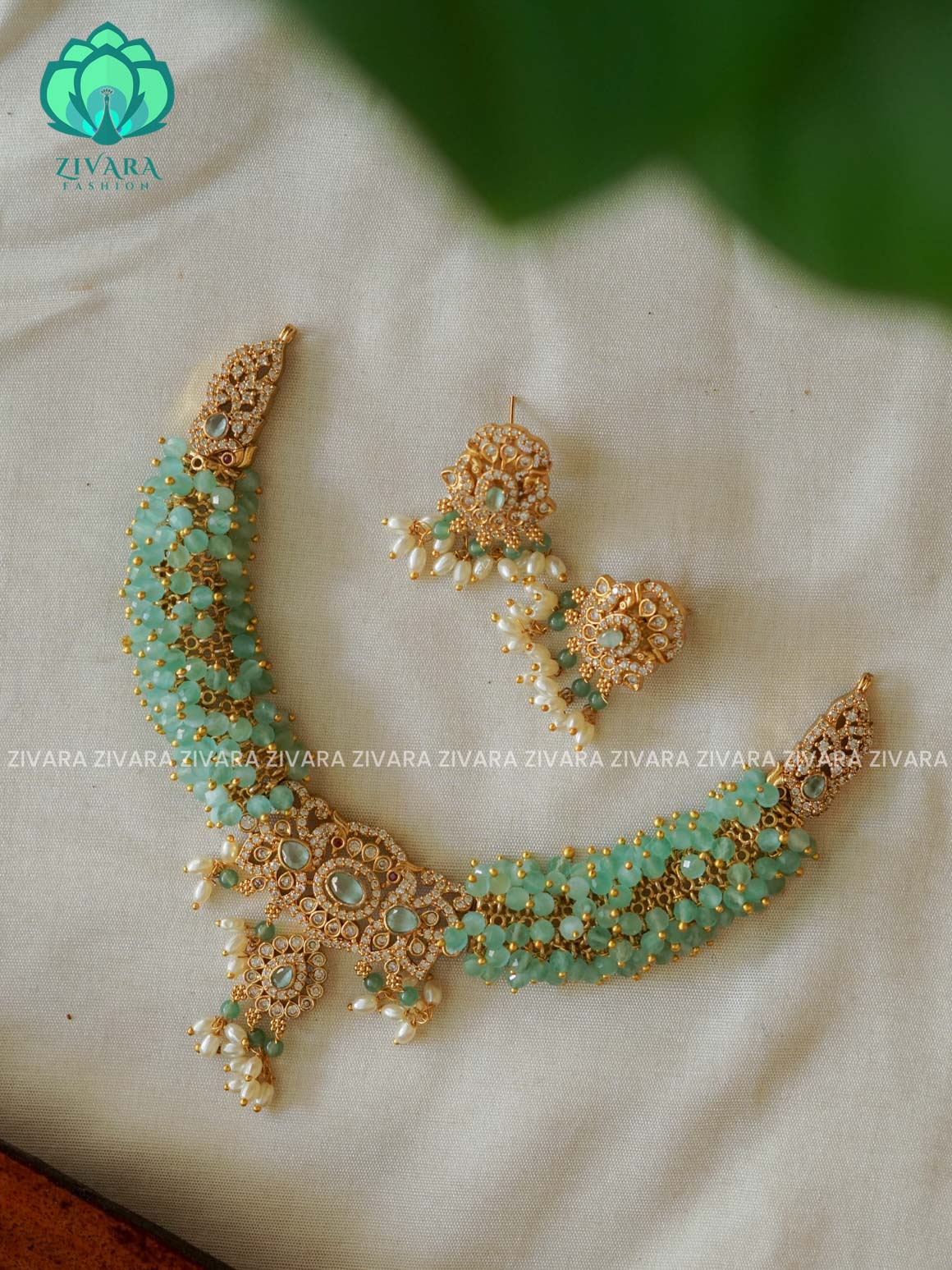 Green-  Colourful pearl cluster -Traditional south indian premium neckwear with earrings- Zivara Fashion- latest jewellery design. (Copy)