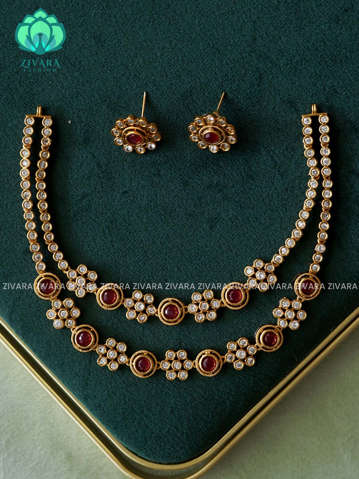 RUBY AND WHITE STONE STEP - stylish and minimal elegant neckwear with earrings- Zivara Fashion