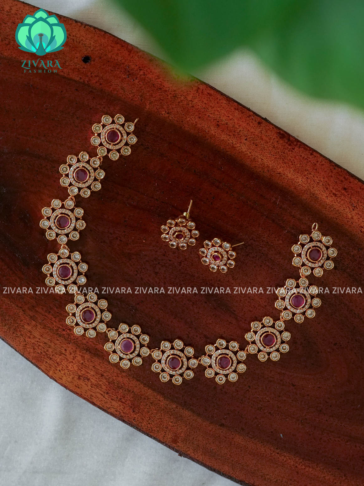 RUBY STONE CIRCLE FLOWER - stylish and minimal elegant neckwear with earrings- Zivara Fashion