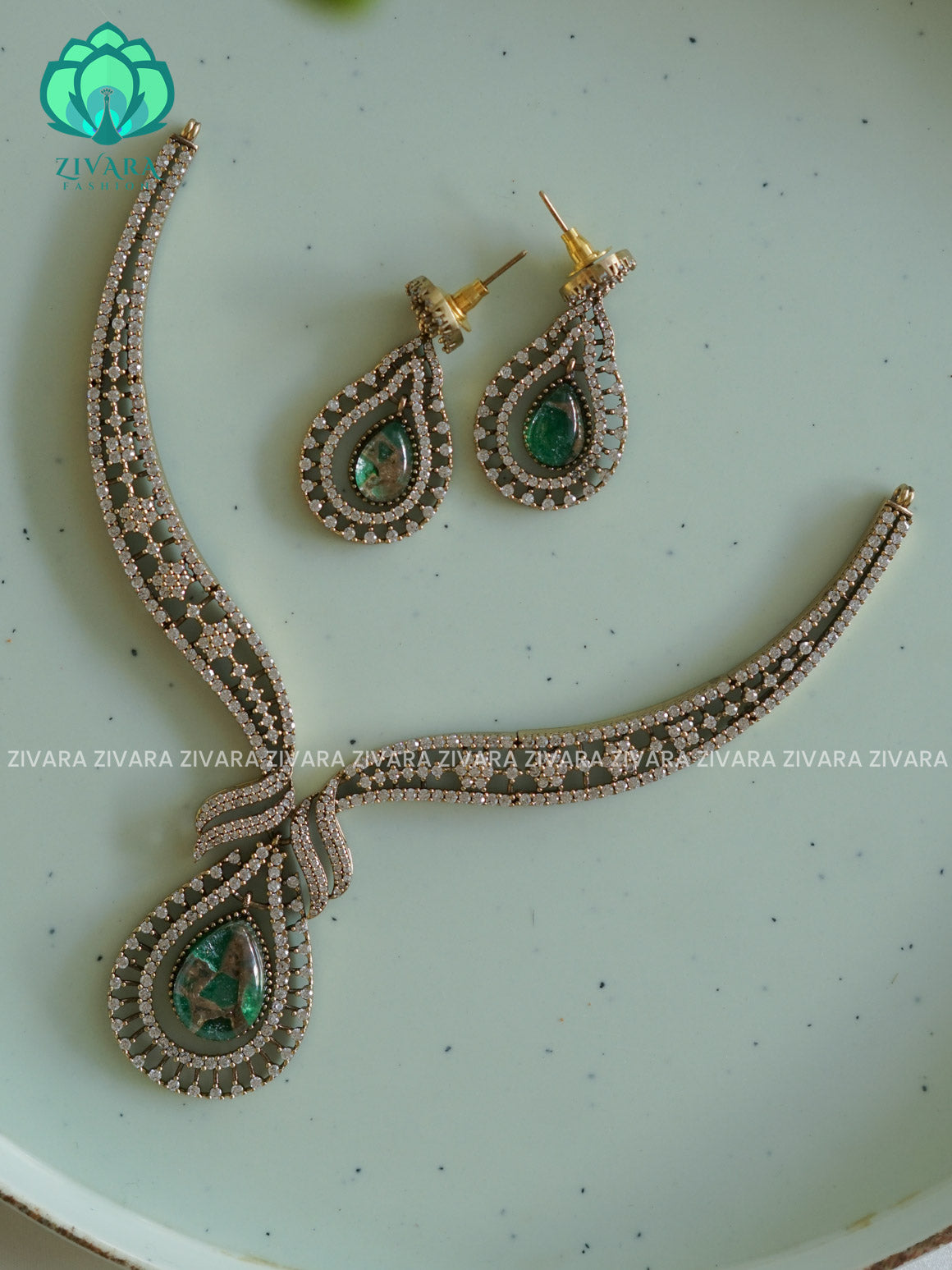 GREEN ROYAL PATTERN STONE HASLI south indian premium neckwear with earrings- Zivara Fashion- latest jewellery desigN