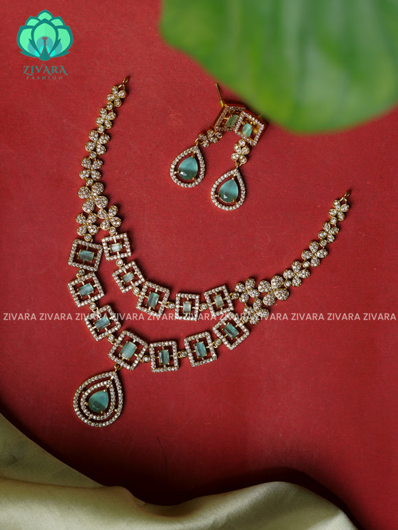 PASTEL GREEN -STEP SQUARE STONE -Traditional south indian premium neckwear with earrings- Zivara Fashion- latest jewellery design