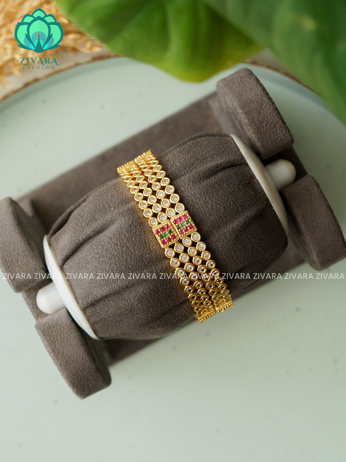 2 piece Ruby Green White stone bangles - gold lookalike - latest bangles design