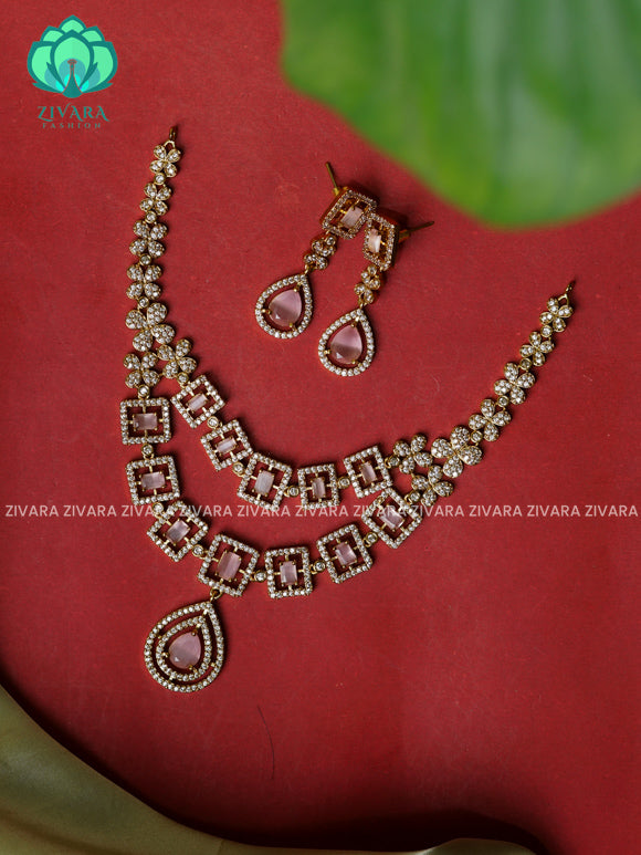 PASTEL PINK -STEP SQUARE STONE -Traditional south indian premium neckwear with earrings- Zivara Fashion- latest jewellery design