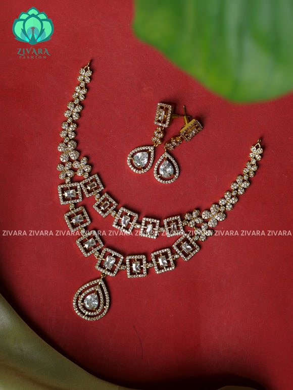 WHITE -STEP SQUARE STONE -Traditional south indian premium neckwear with earrings- Zivara Fashion- latest jewellery design