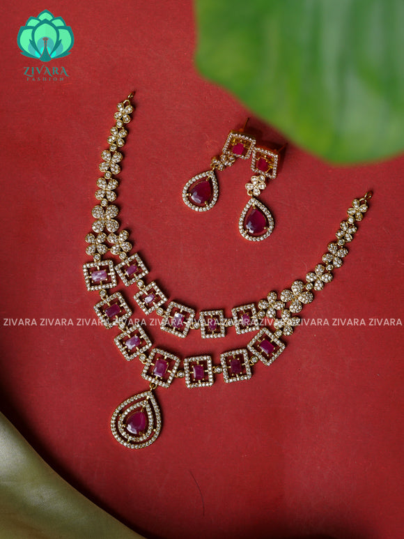 RUBY -STEP SQUARE STONE -Traditional south indian premium neckwear with earrings- Zivara Fashion- latest jewellery design.