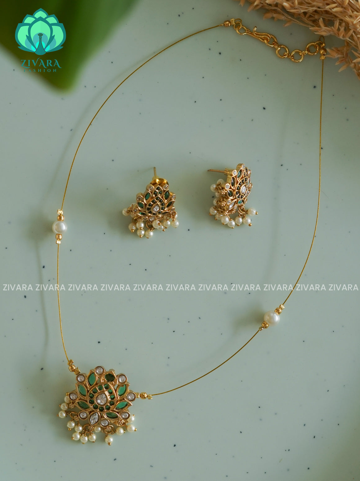 GREEN LOTUS TAMARA - INVISIBLE MINIMAL ELEGANT HANDMADE NECKLACE WITH BRILLIANT FINISH MOTIFS- ZIVARA FASHION
