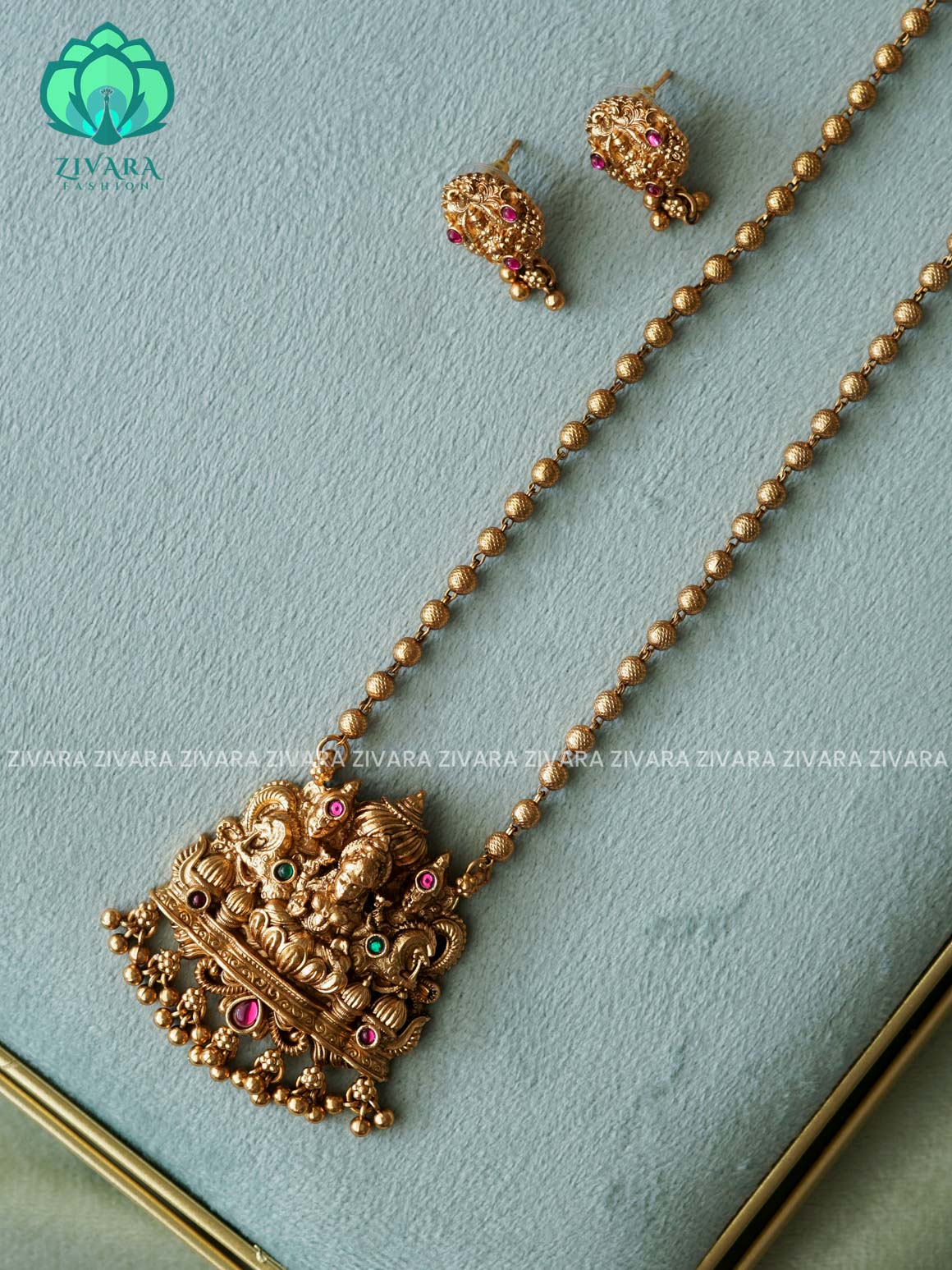 TEMPLE PENDANT WITH BALL CHAIN - Traditional south indian NORMAL MATTE neckwear with earrings - Zivara Fashion